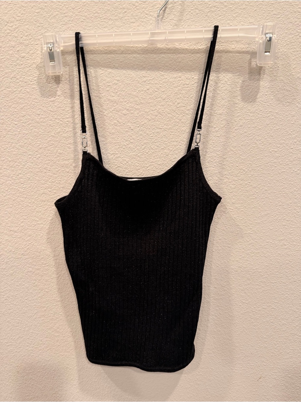 Zara Black Ribbed Spaghetti silver hardware deep neck cami Top